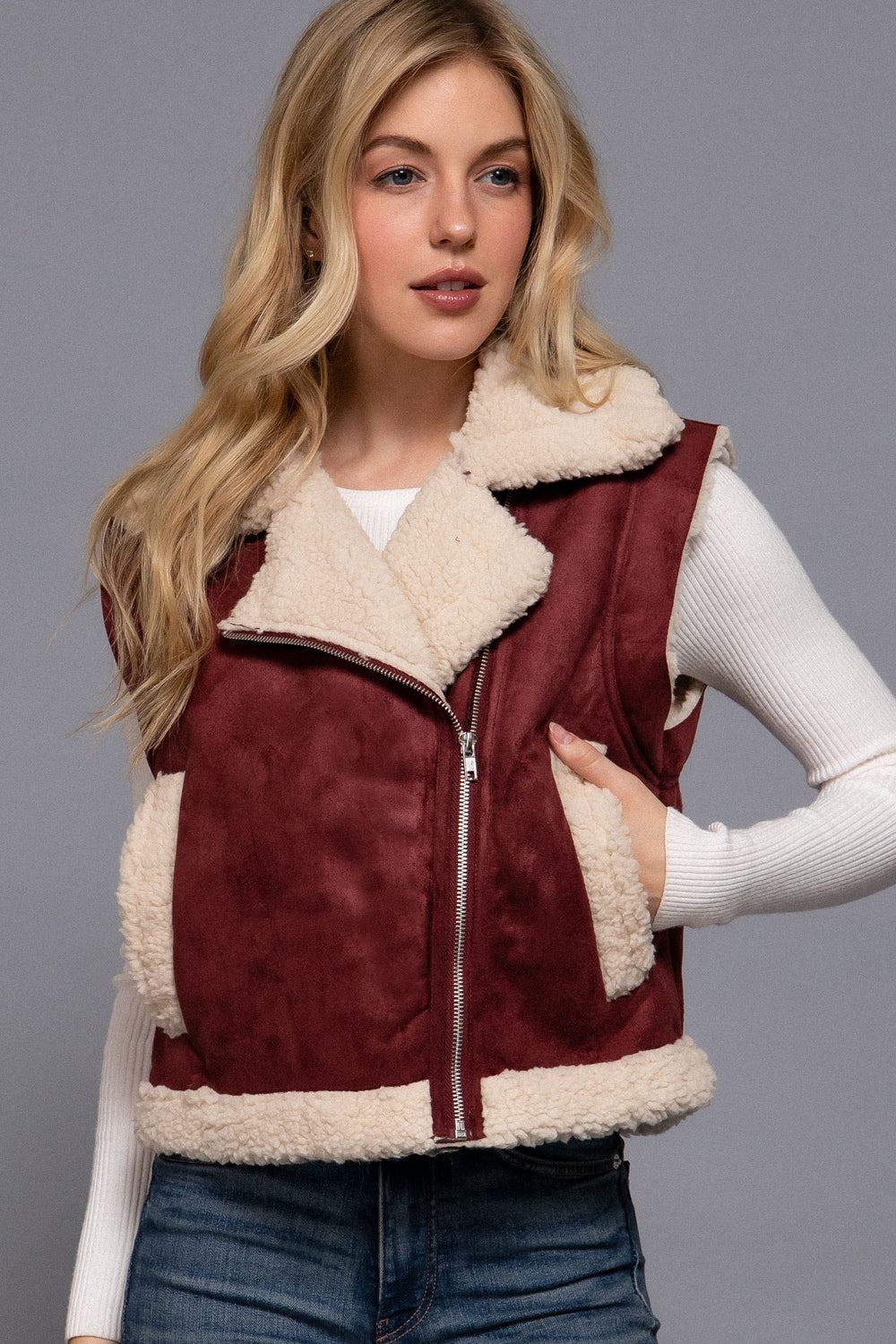 Burgundy faux suede zip-up vest with sherpa lining from Active USA, showing front view with collar and zipper details.