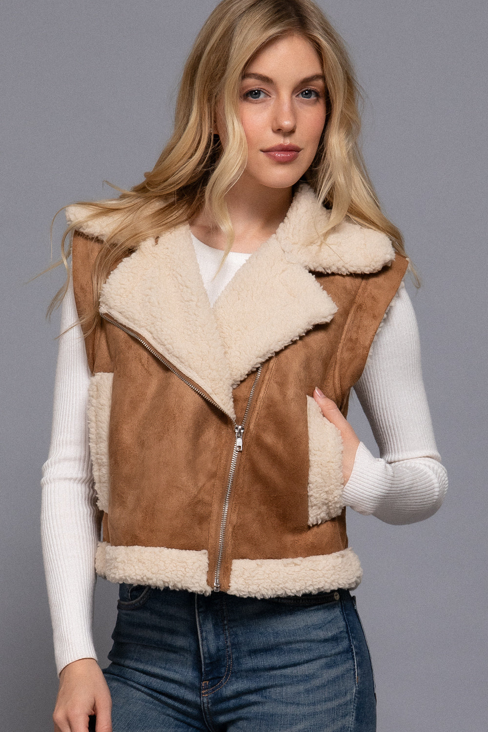 Camel faux suede sherpa-lined zip-up vest by Active USA, showing the vest's front with zip closure and sherpa lining detail.