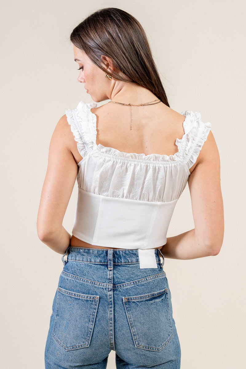 Satin Tie-Front Ruffle Bustier Crop Top