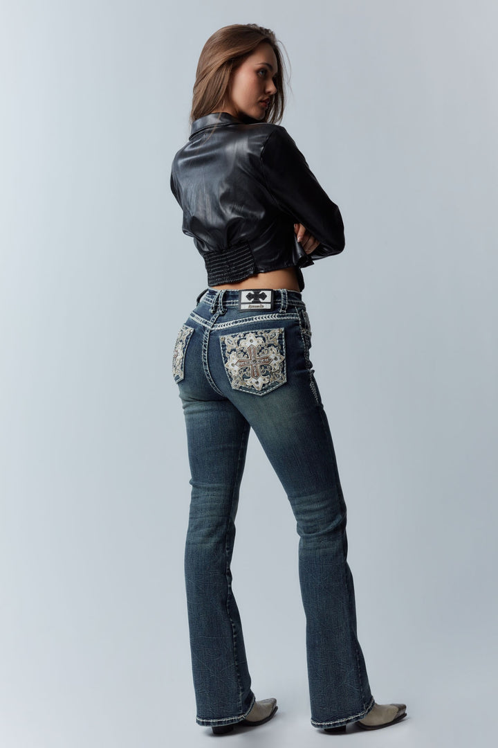 Answer Me Crystal Cross Mid-Rise Embroidered Bootcut Jeans – Dark Wash