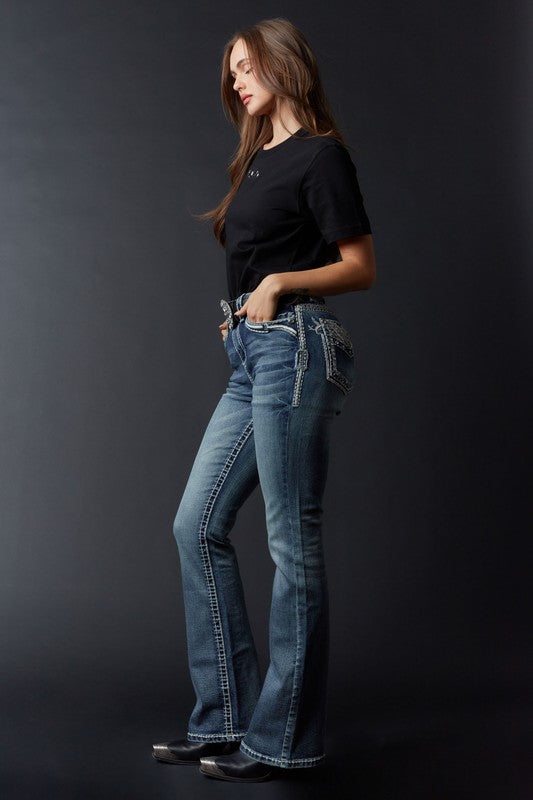 High-rise bootcut jeans with crystal embroidery from Answer Me, featuring a stylish denim design.