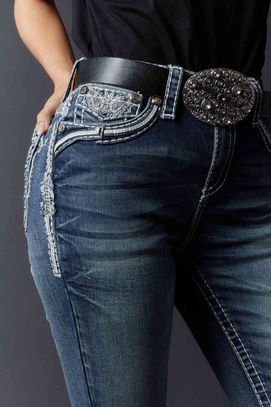 High-rise bootcut jeans with crystal embroidery from Answer Me, showcasing a stylish denim design and detailed embellishments.