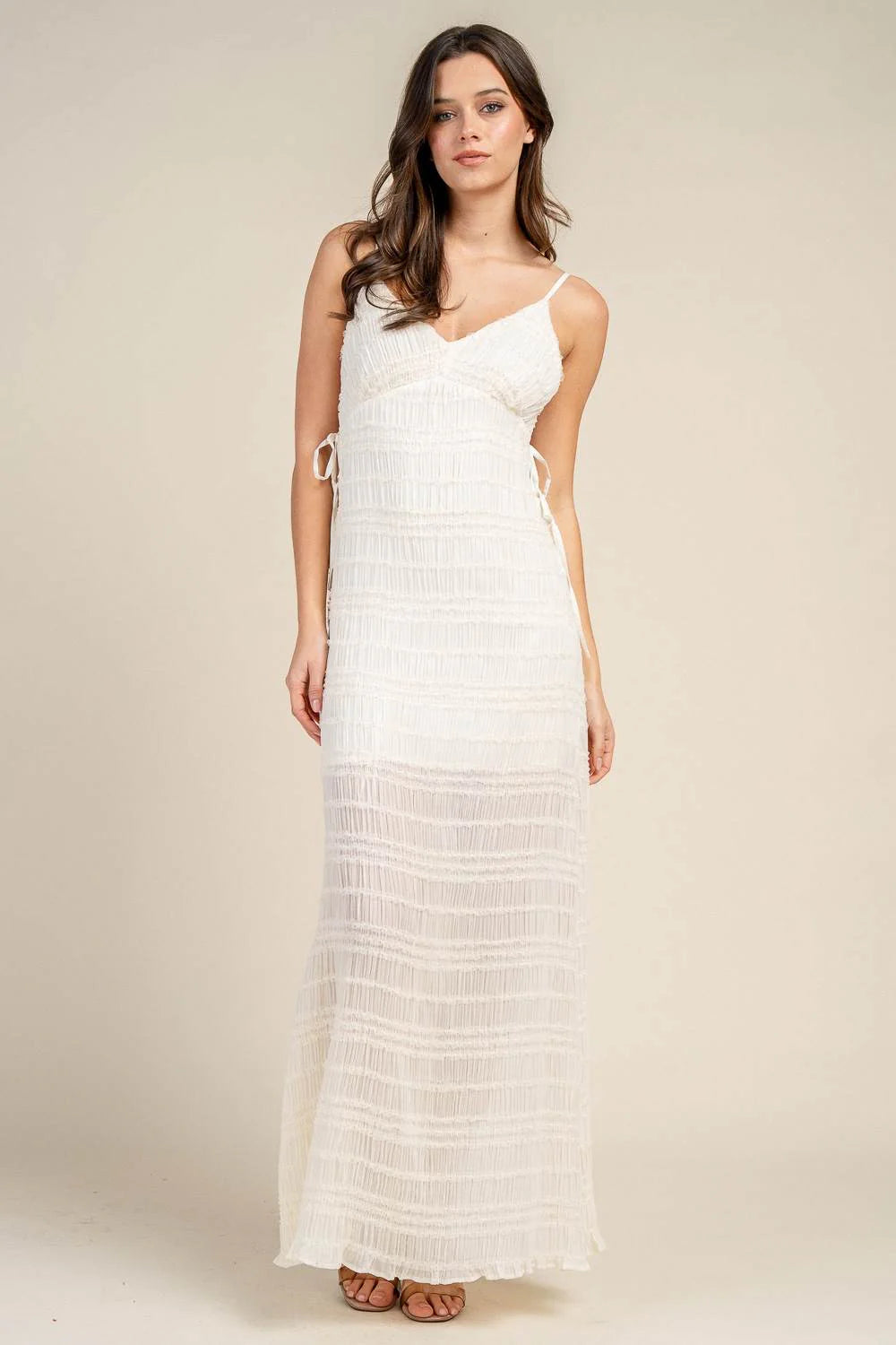Smocked Spaghetti Strap Tie Side Maxi Dress
