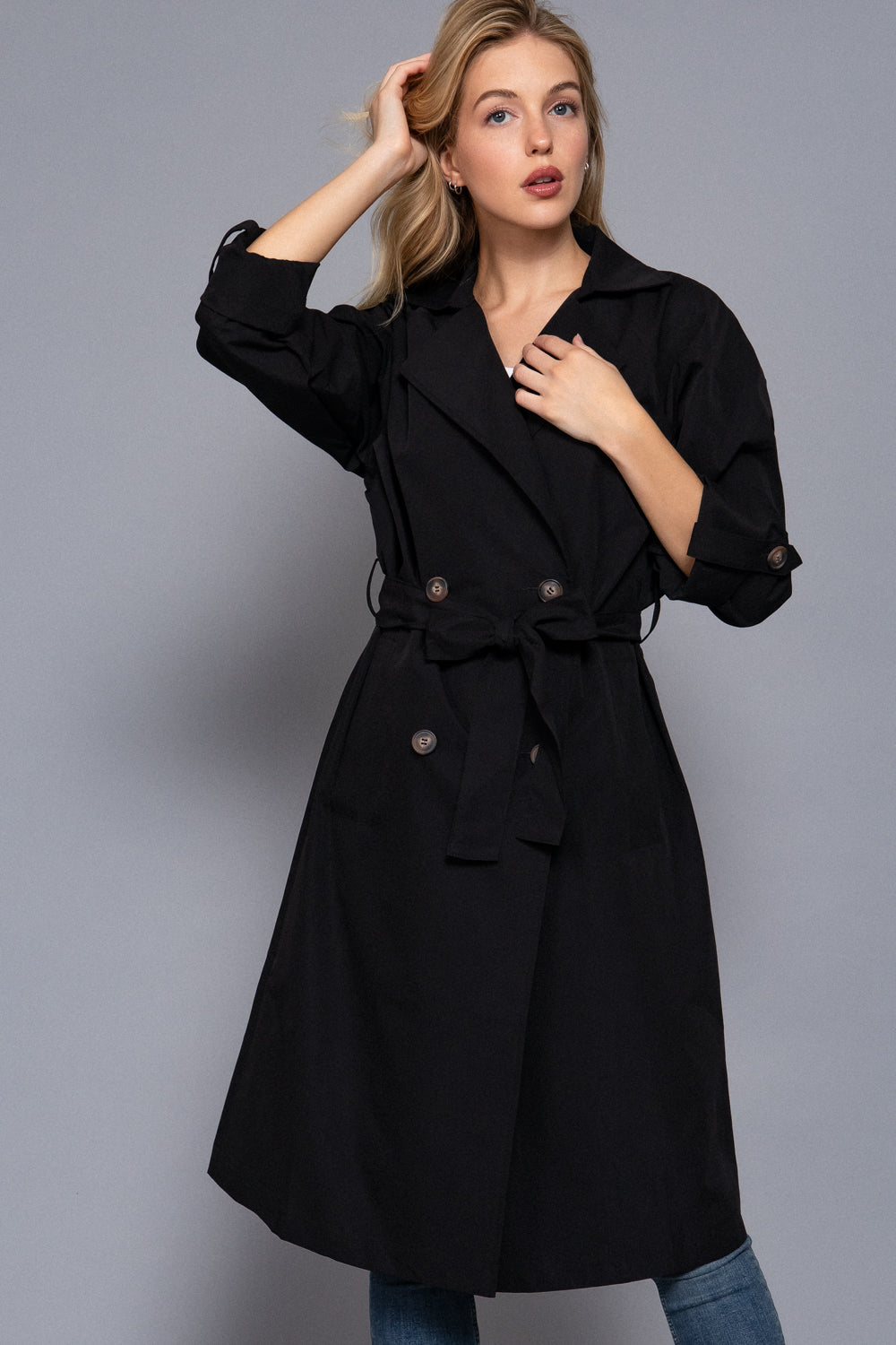 Belted Lapel Trench Coat – Black & Light Khaki - Black