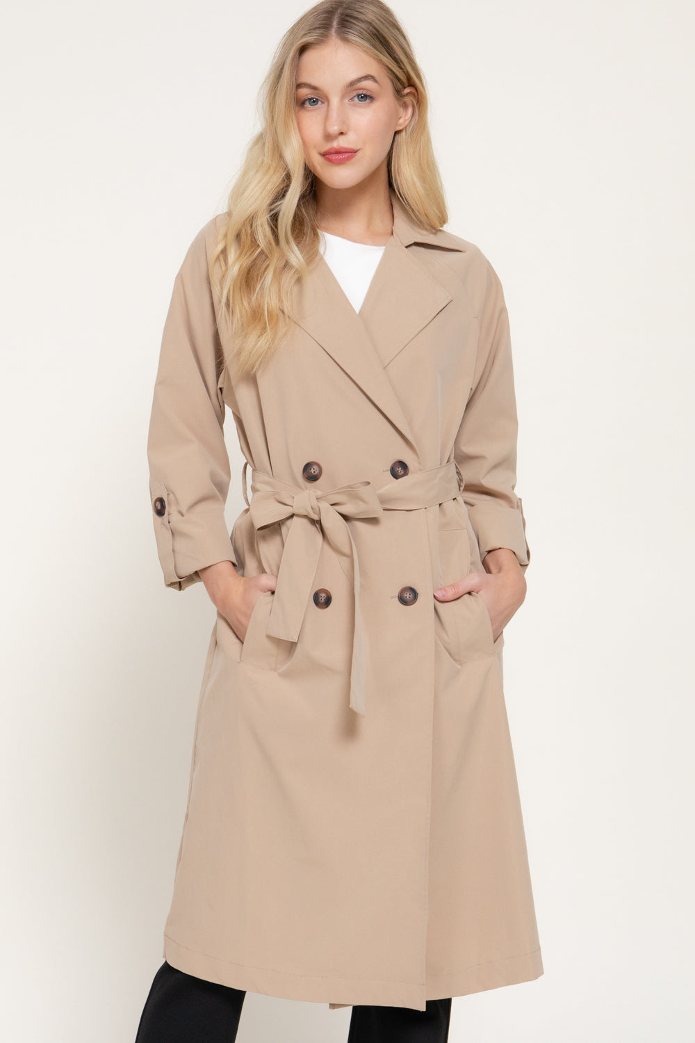 Belted Lapel Trench Coat – Black & Light Khaki - Light Khaki