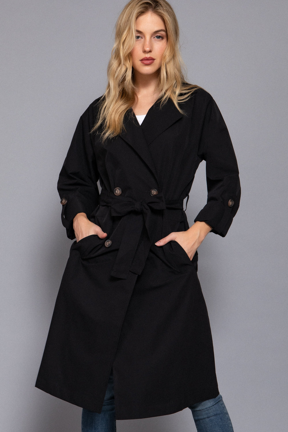 Belted Lapel Trench Coat – Black & Light Khaki – Black – View 2