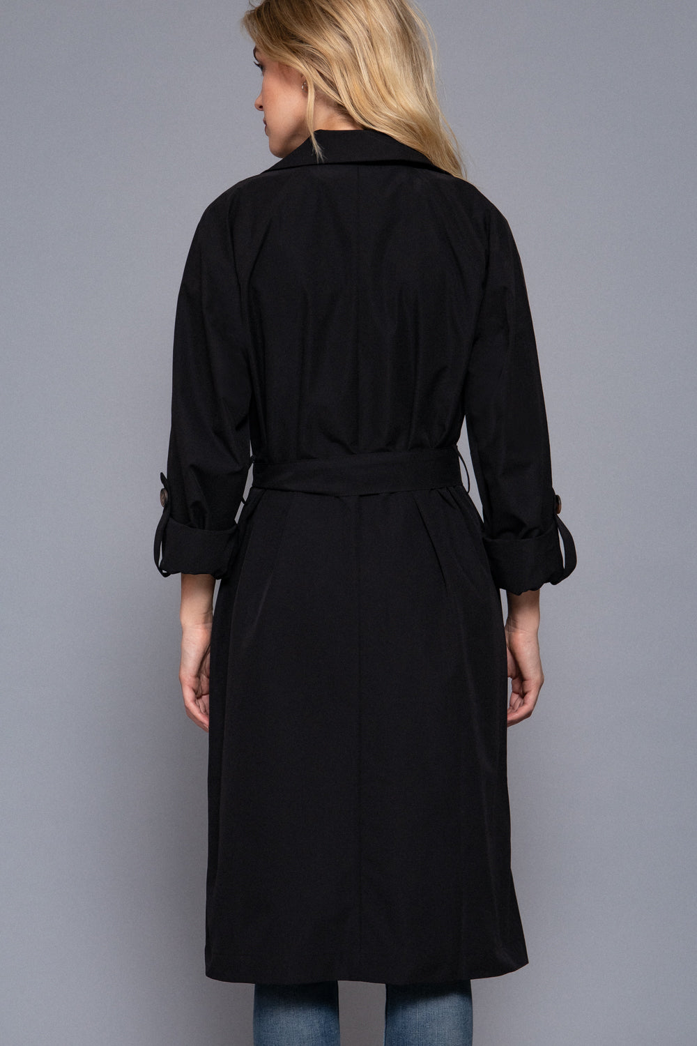 Belted Lapel Trench Coat – Black & Light Khaki – Black – View 4