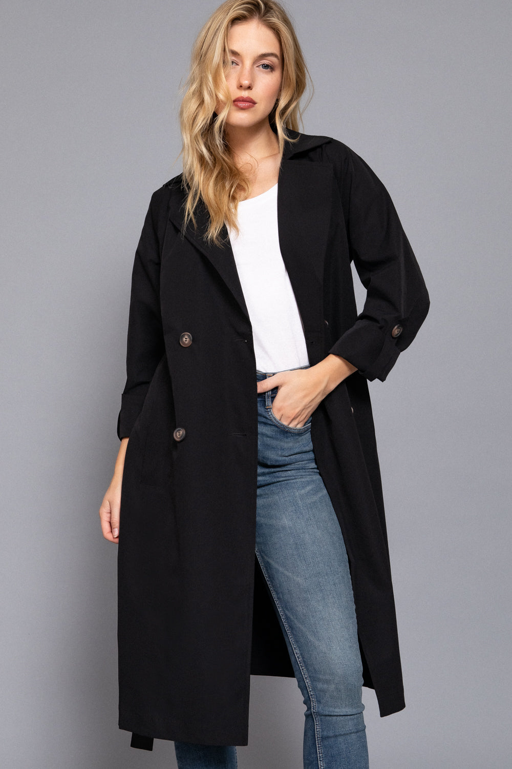Belted Lapel Trench Coat – Black & Light Khaki – Black – View 5