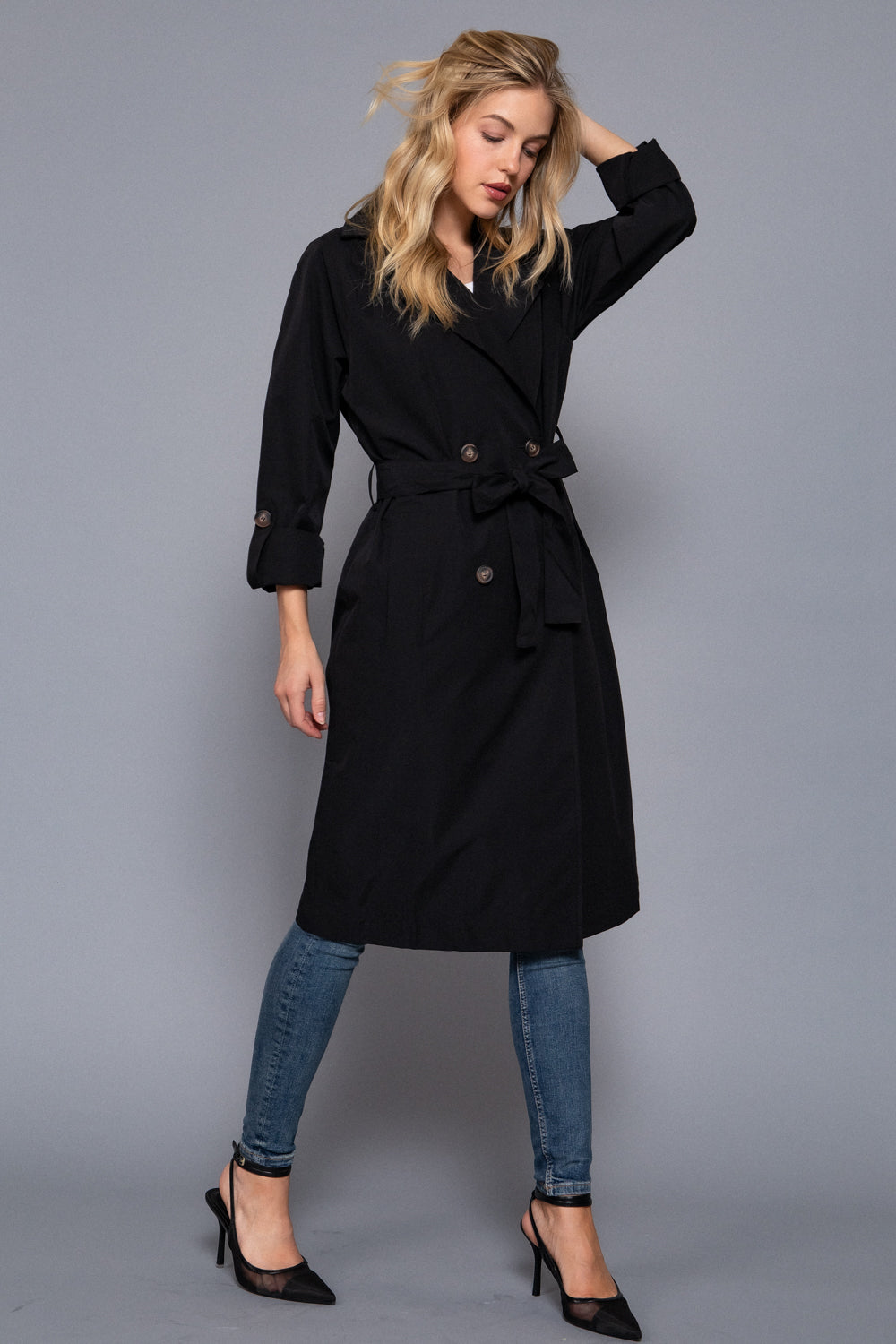 Belted Lapel Trench Coat – Black & Light Khaki – Black – View 6