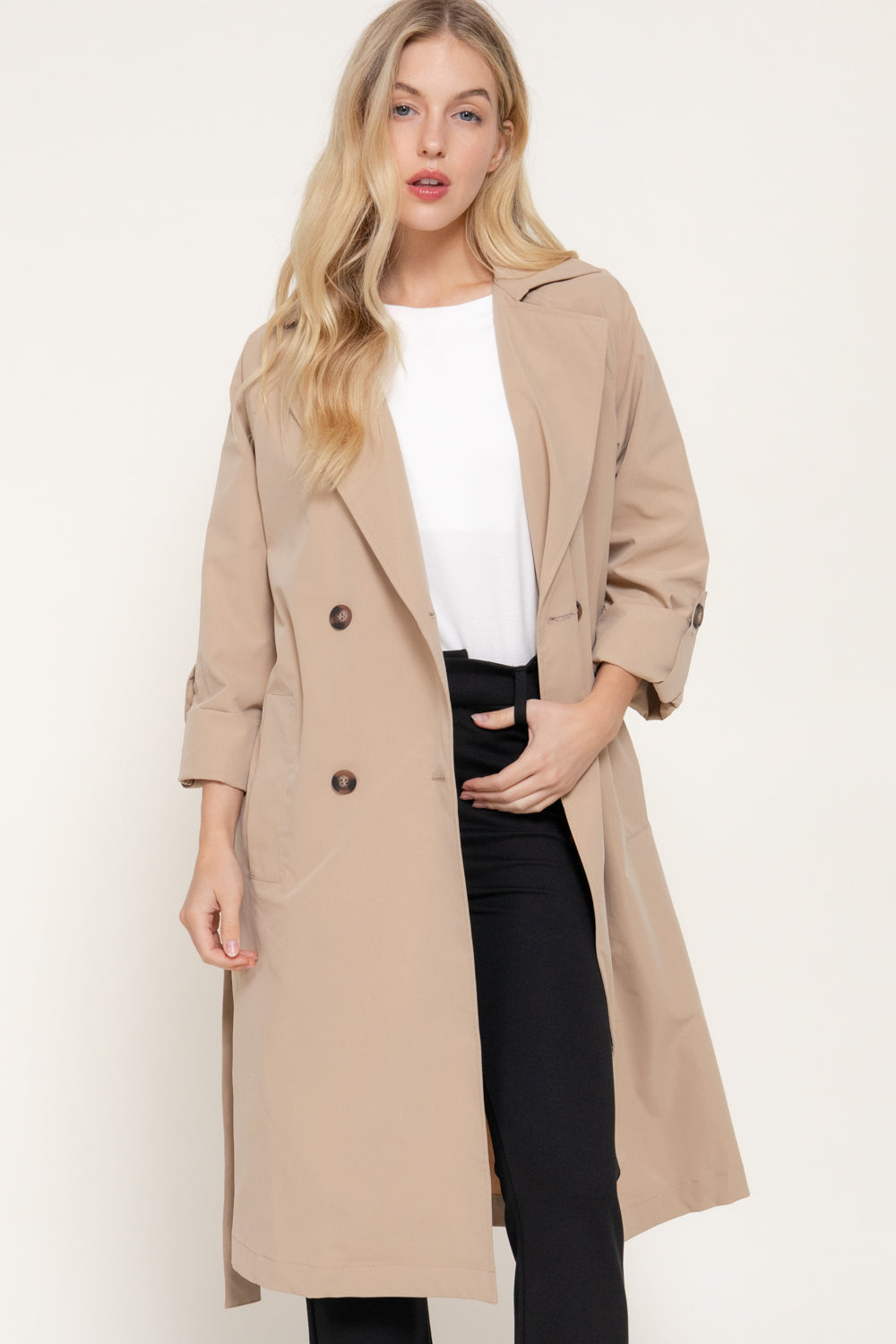 Belted Lapel Trench Coat – Black & Light Khaki – Light Khaki – View 2