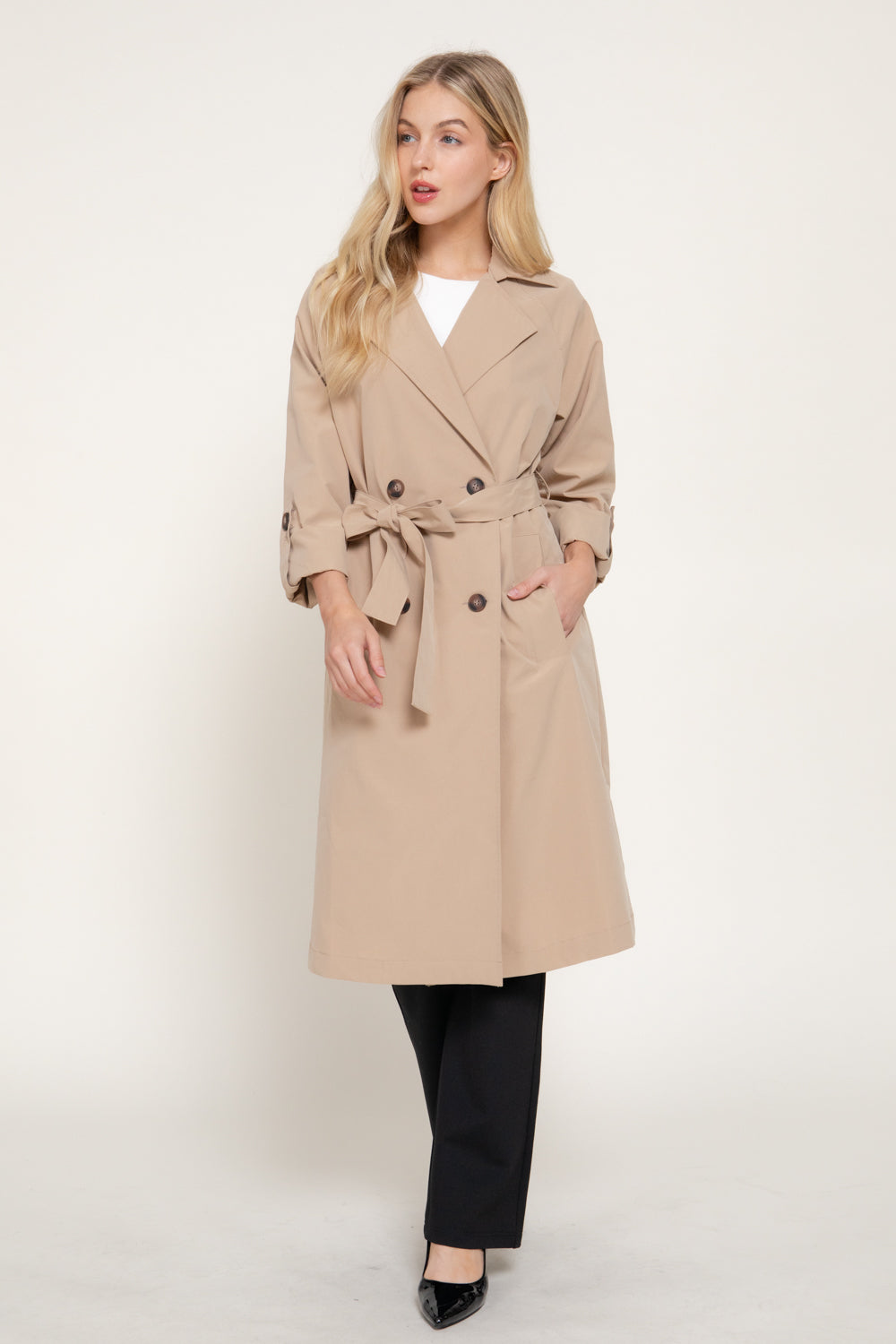 Belted Lapel Trench Coat – Black & Light Khaki – Light Khaki – View 4