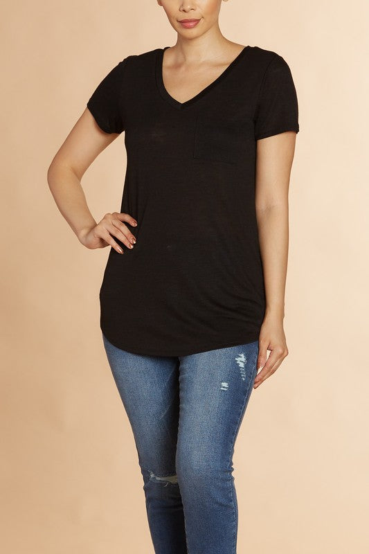 ONE POCKET, V-NECK SHORT SLEEVE BOYFRIEND TEE - Vella Moda