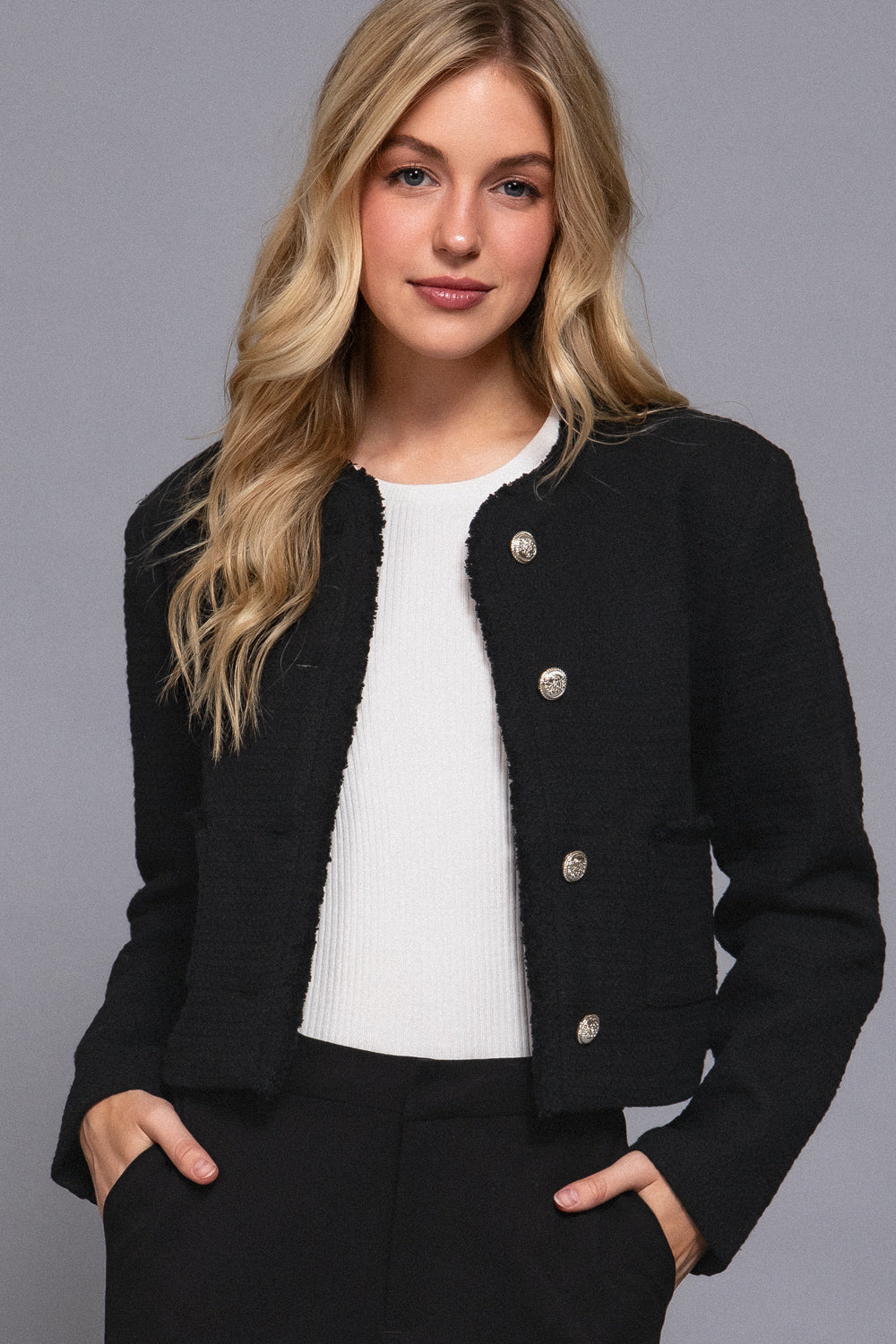 Button-Front Tweed Jacket – Black - Black