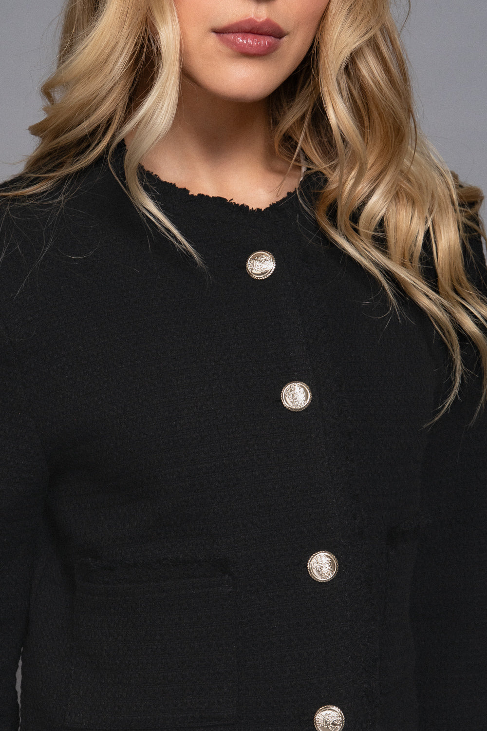 Button-Front Tweed Jacket – Black – Black – View 3