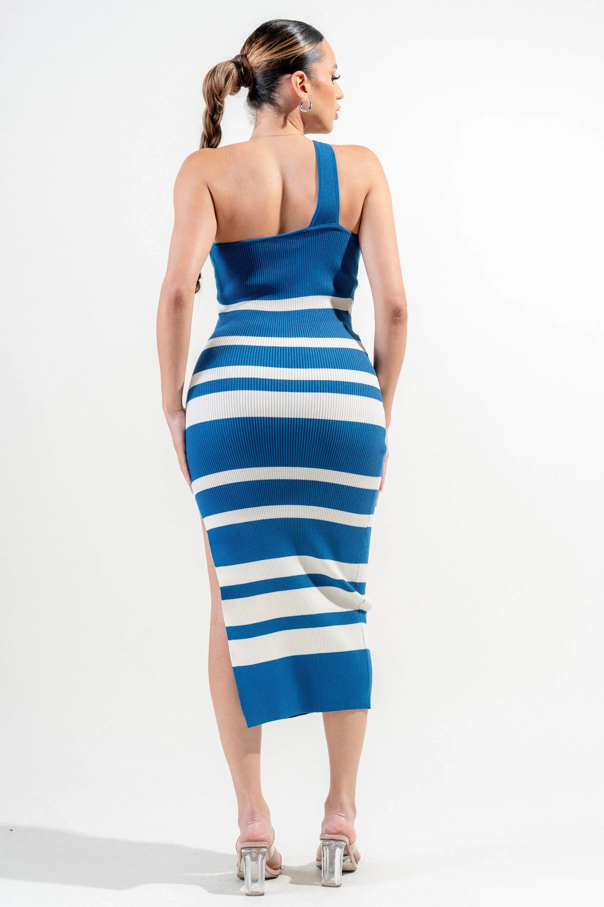 One Shoulder Striped Rib Sweater Midi Dress