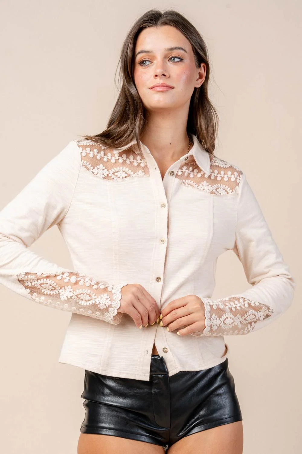 Lace Panel Button Down Knit Top