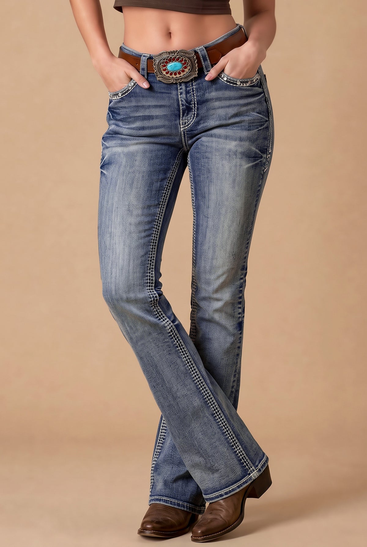 Front three-quarter view of Western Blue W265 light-wash bootcut jeans