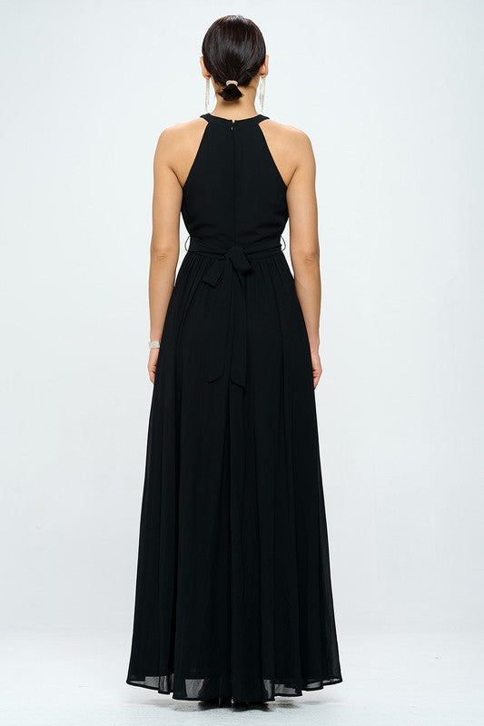 Rhinestoned Halter Neck Belted Slit Maxi Dress