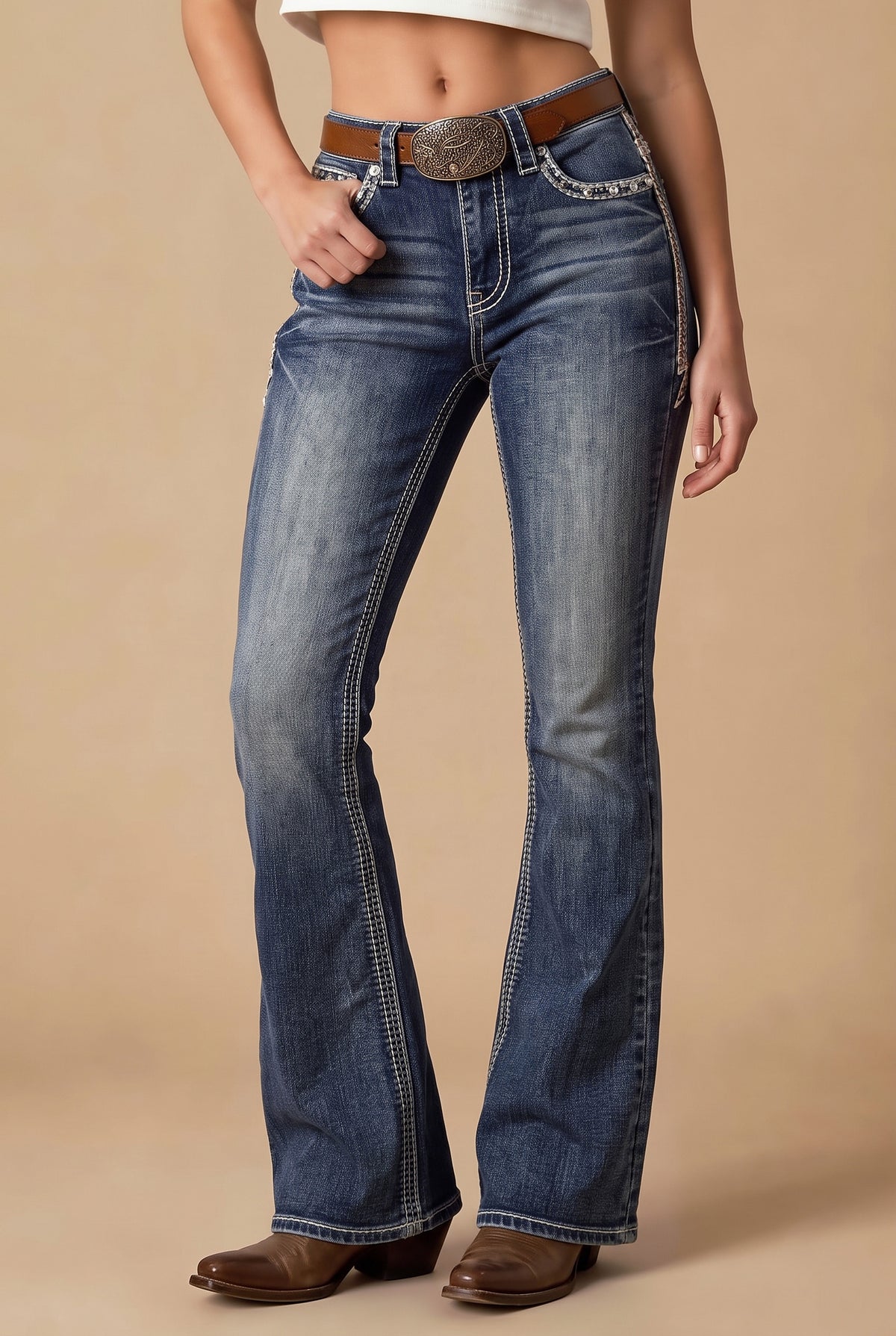 Full front view of Western Blue W266 medium-wash bootcut jeans