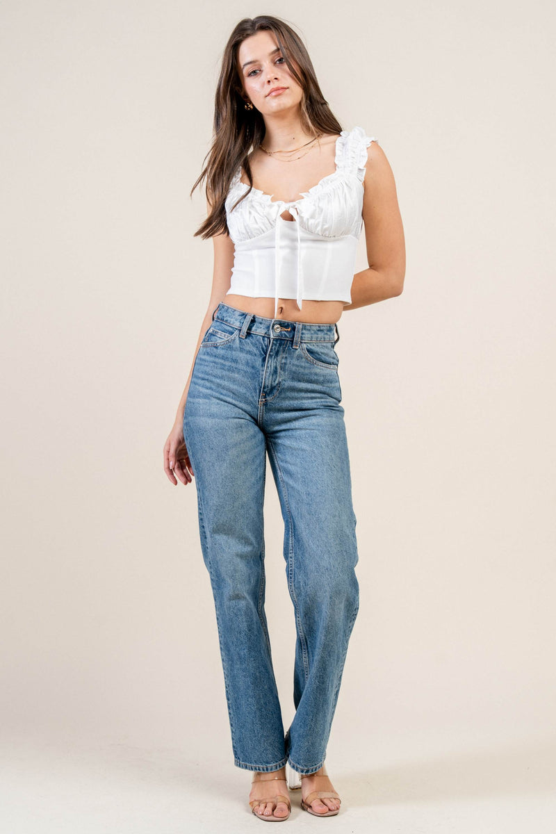 Satin Tie-Front Ruffle Bustier Crop Top