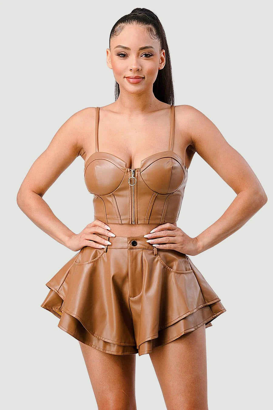 FAUX LEATHER CORSET TOP AND FLARED SHORTS SET