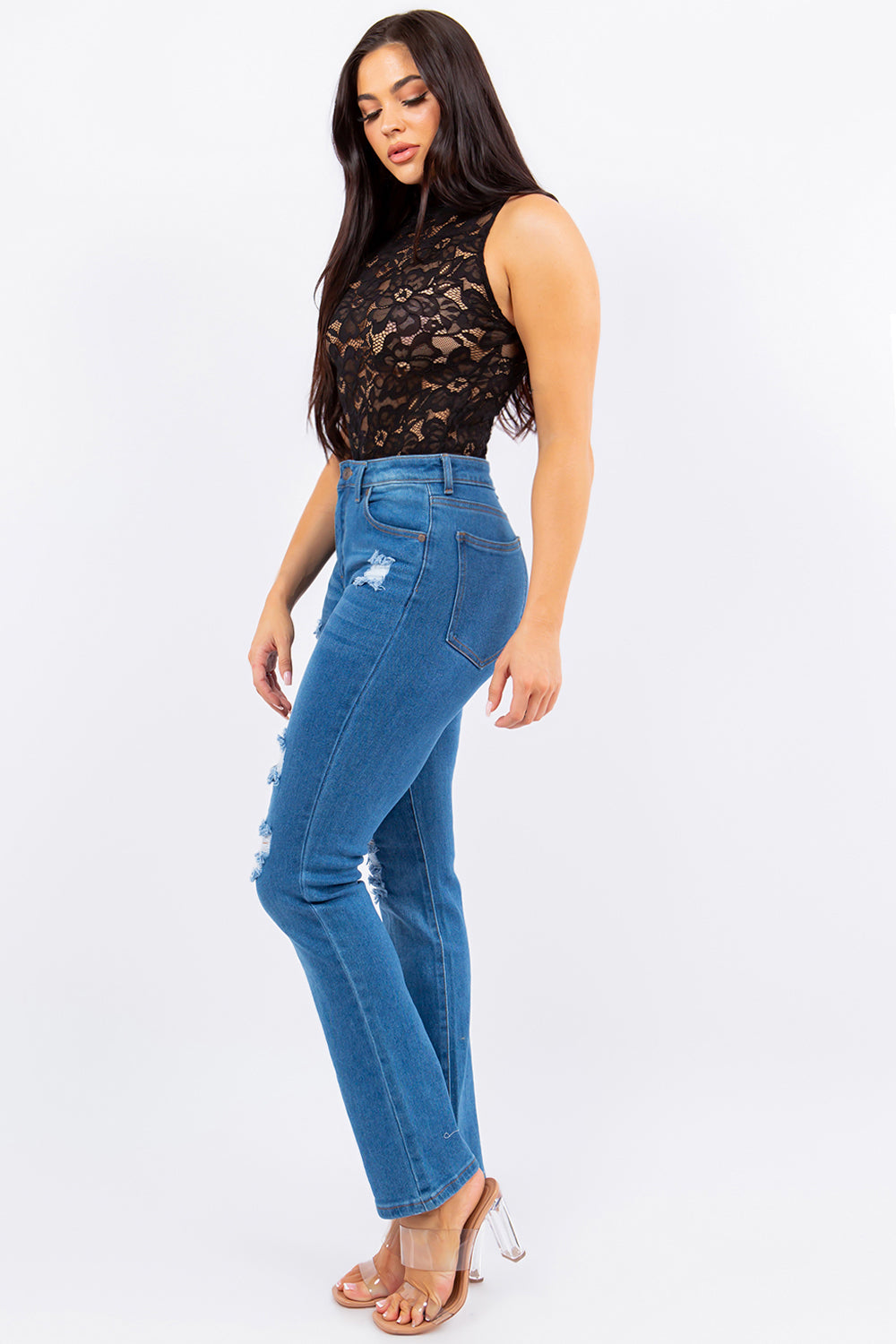 High-Waisted Distressed Bootcut Jeans with Classic Back Pockets