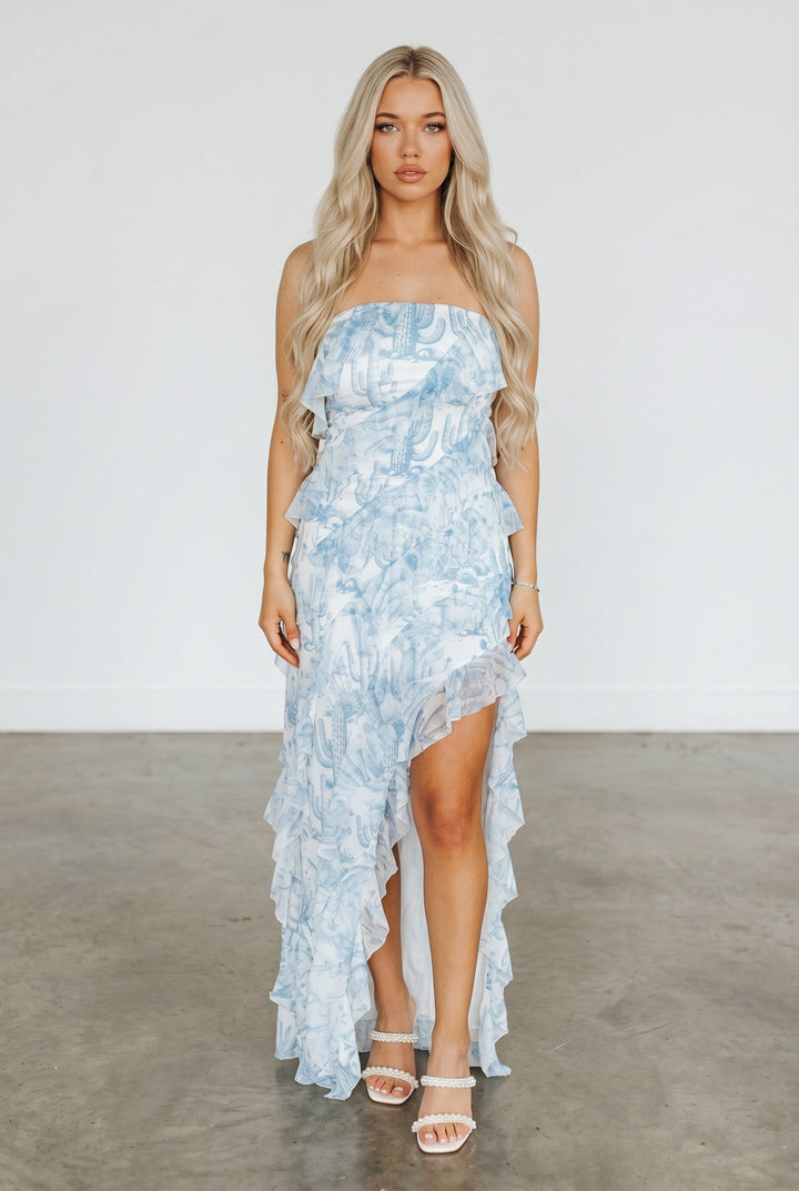 Desert Toile Strapless Ruffle Maxi Dress – Ivory & Blue