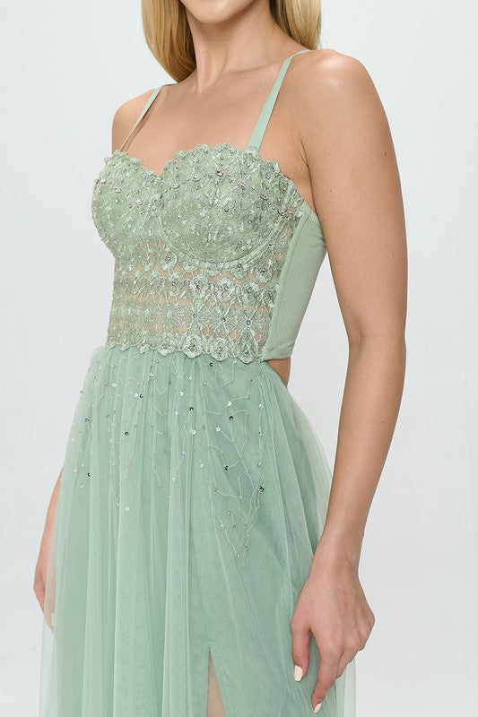 Rhinestone Bustier Layered Tulle Maxi Dress