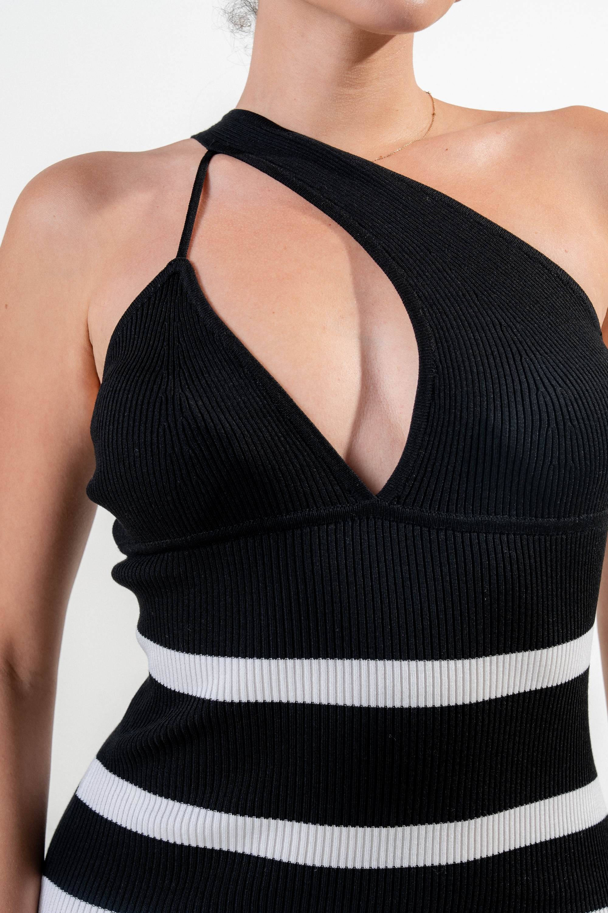 One Shoulder Striped Rib Sweater Midi Dress