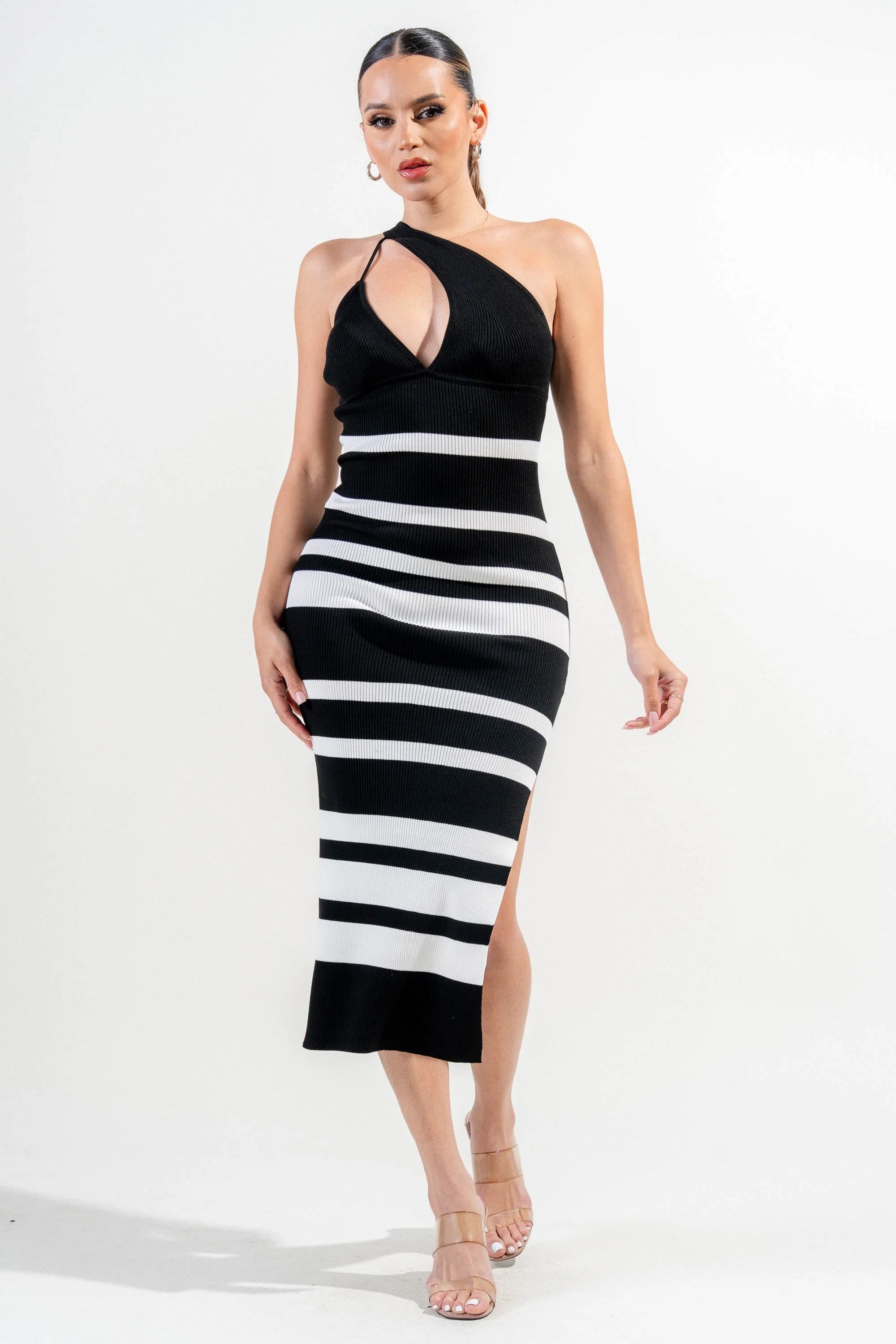One Shoulder Striped Rib Sweater Midi Dress