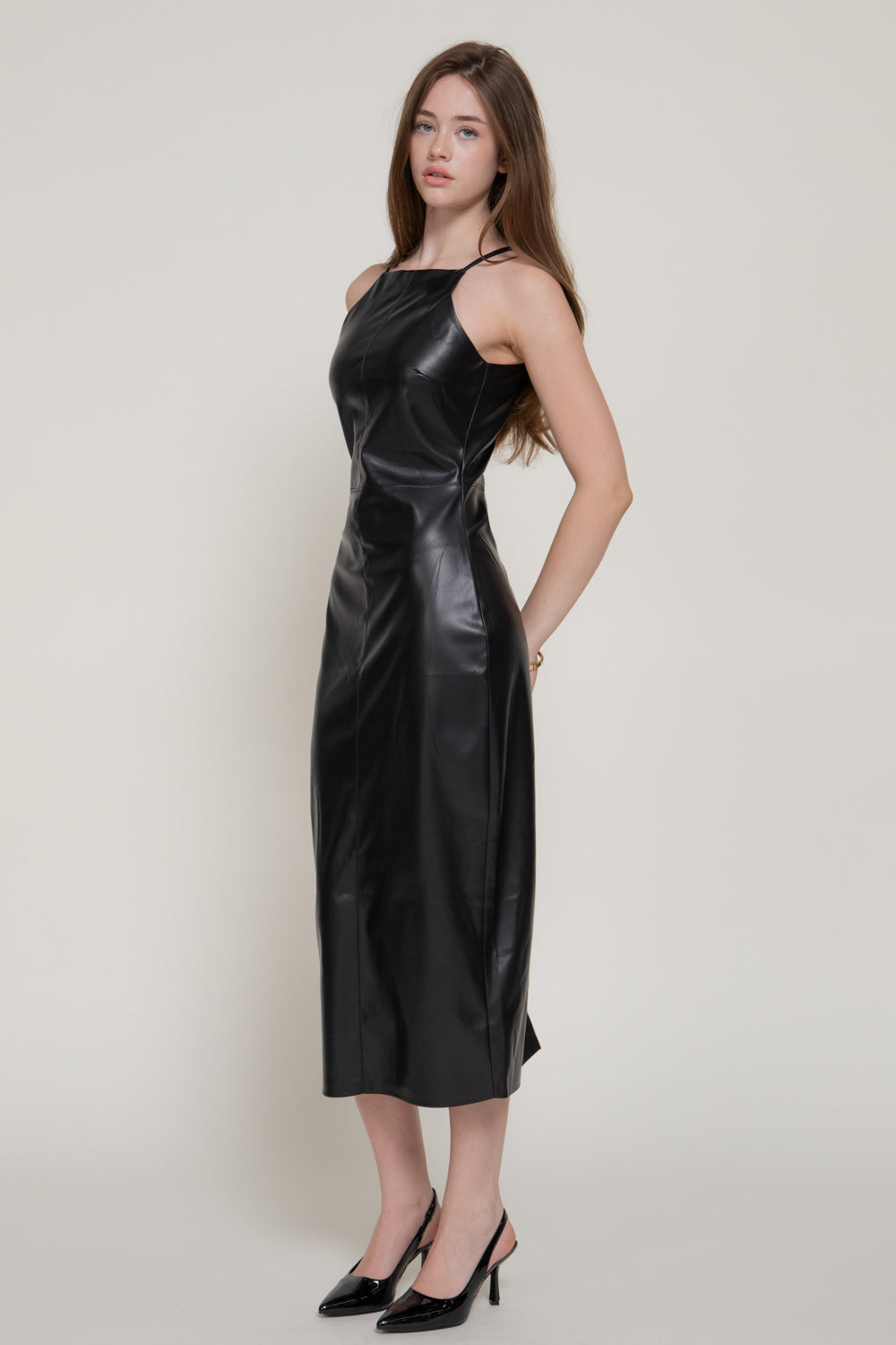 Faux Leather Halter Maxi Dress – Black – Black – View 2