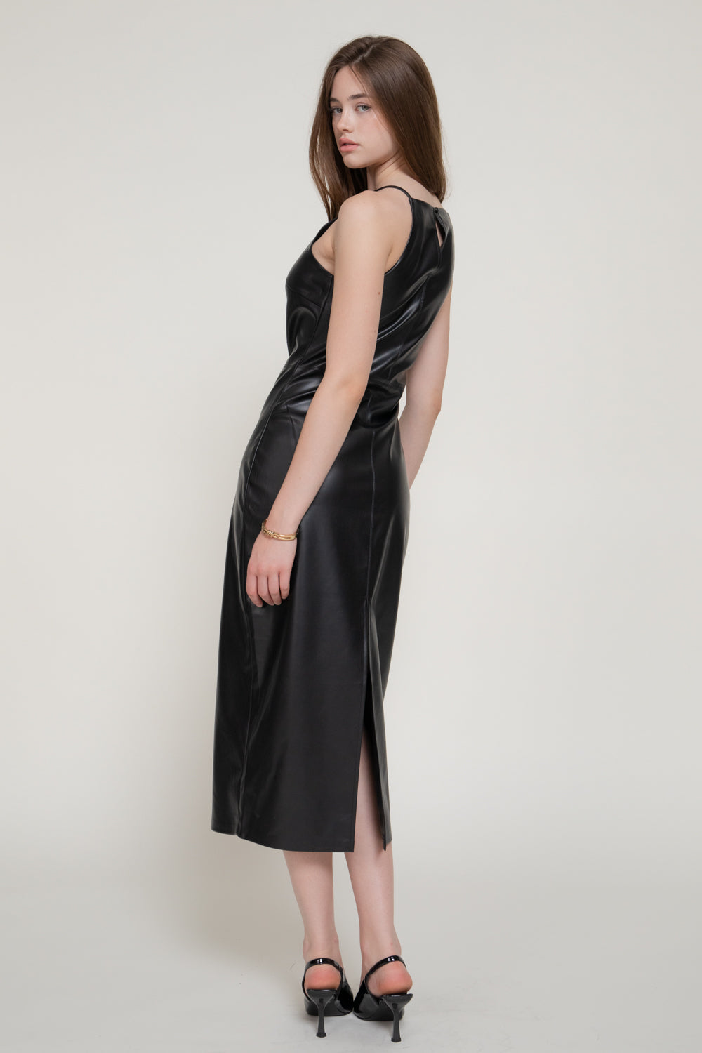 Faux Leather Halter Maxi Dress – Black – Black – View 3