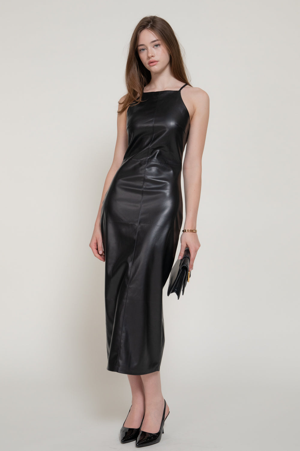 Faux Leather Halter Maxi Dress – Black – Black – View 4