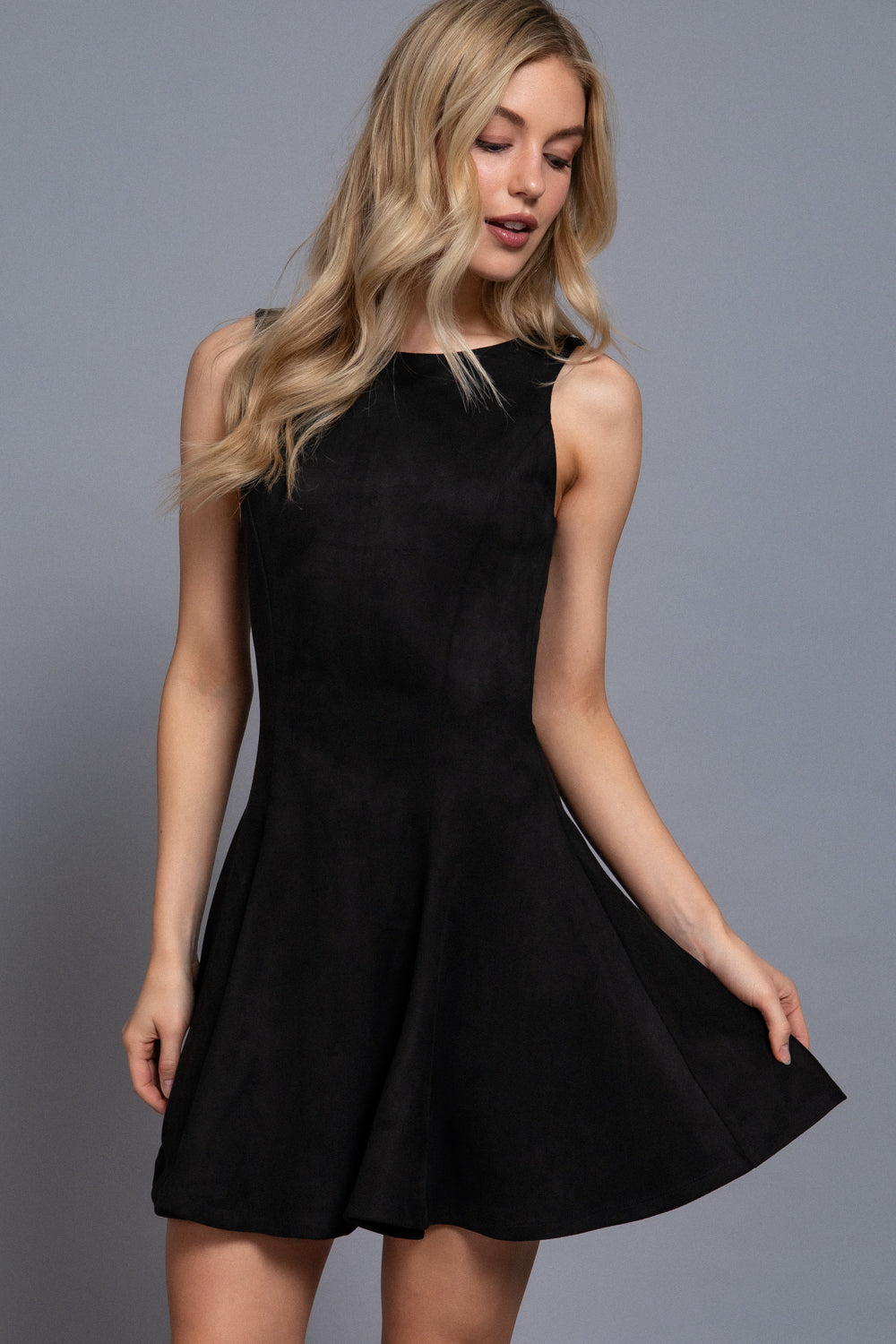 Faux Suede Fit-and-Flare Mini Dress – Black & Camel Brown – Black – View 3