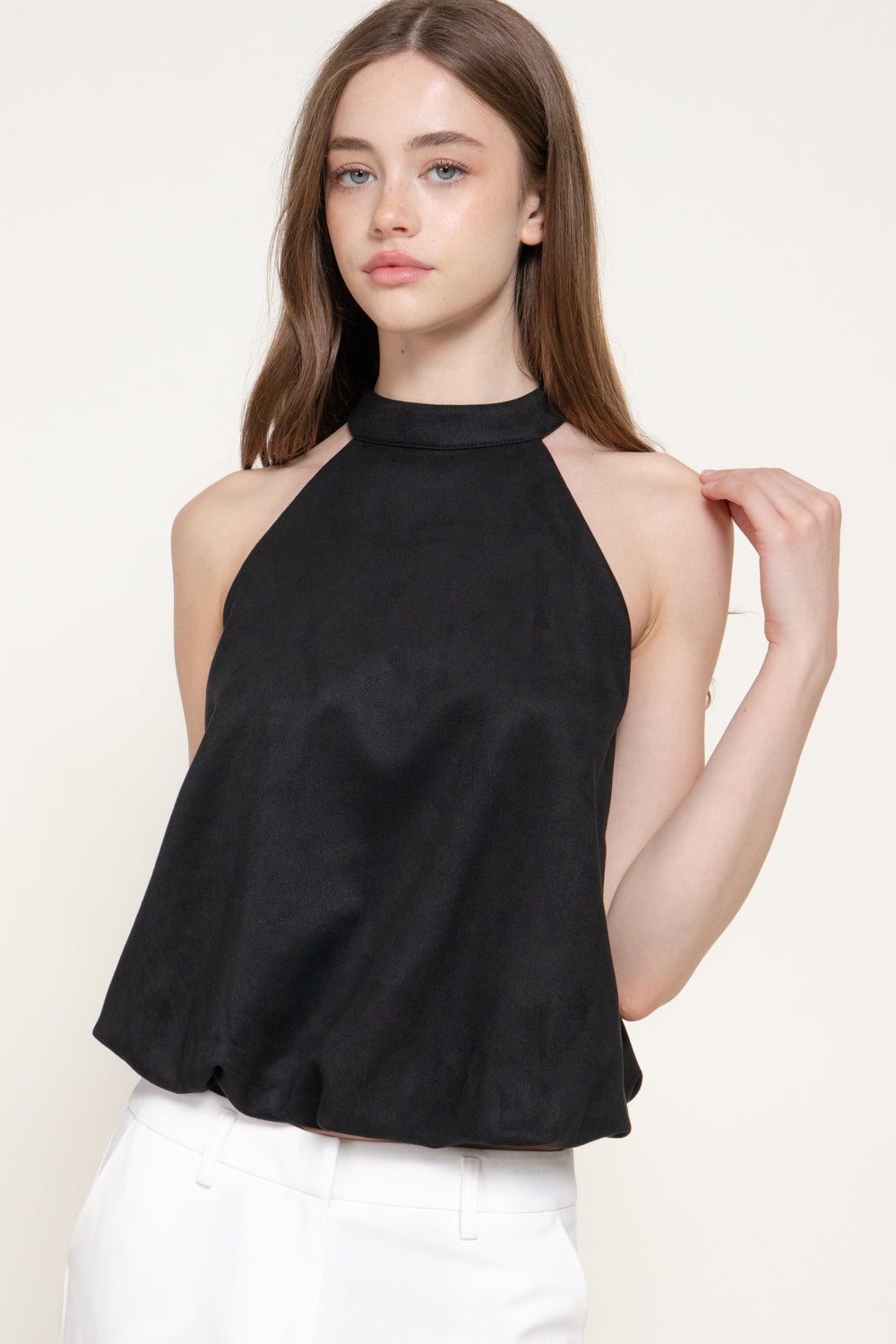 Faux Suede Halter Top – Black, Caramel & Dark Red - Black