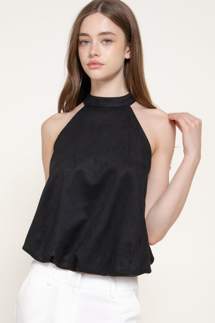 Faux Suede Halter Top – Black, Caramel & Dark Red - Black