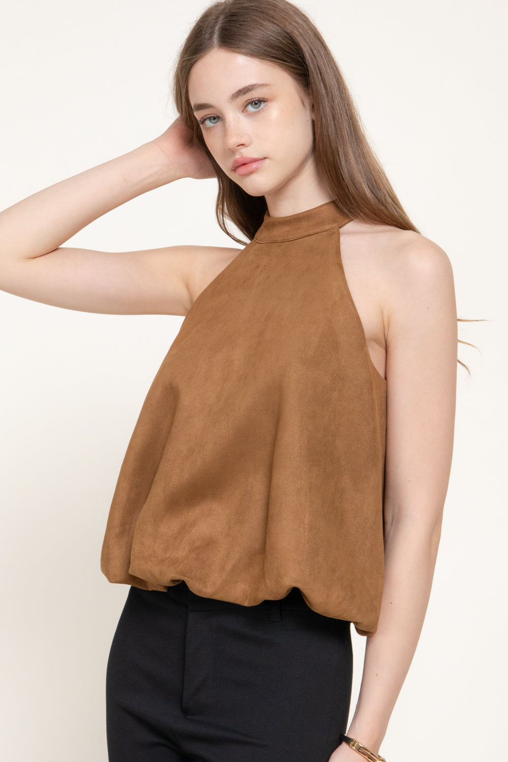 Faux Suede Halter Top – Black, Caramel & Dark Red - Caramel