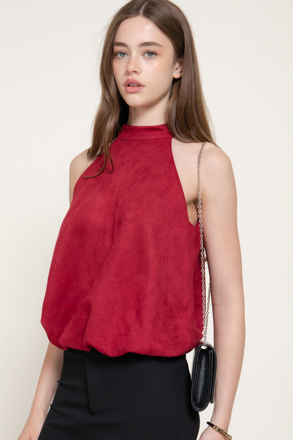 Faux Suede Halter Top – Black, Caramel & Dark Red - Dark Red