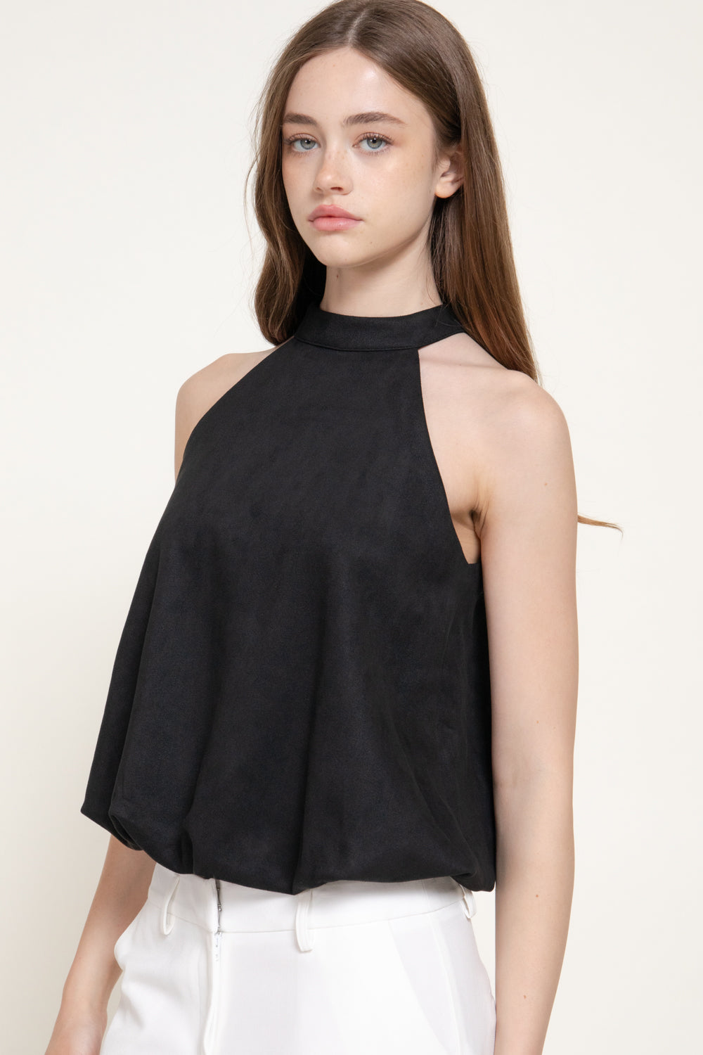 Faux Suede Halter Top – Black, Caramel & Dark Red – Black – View 2