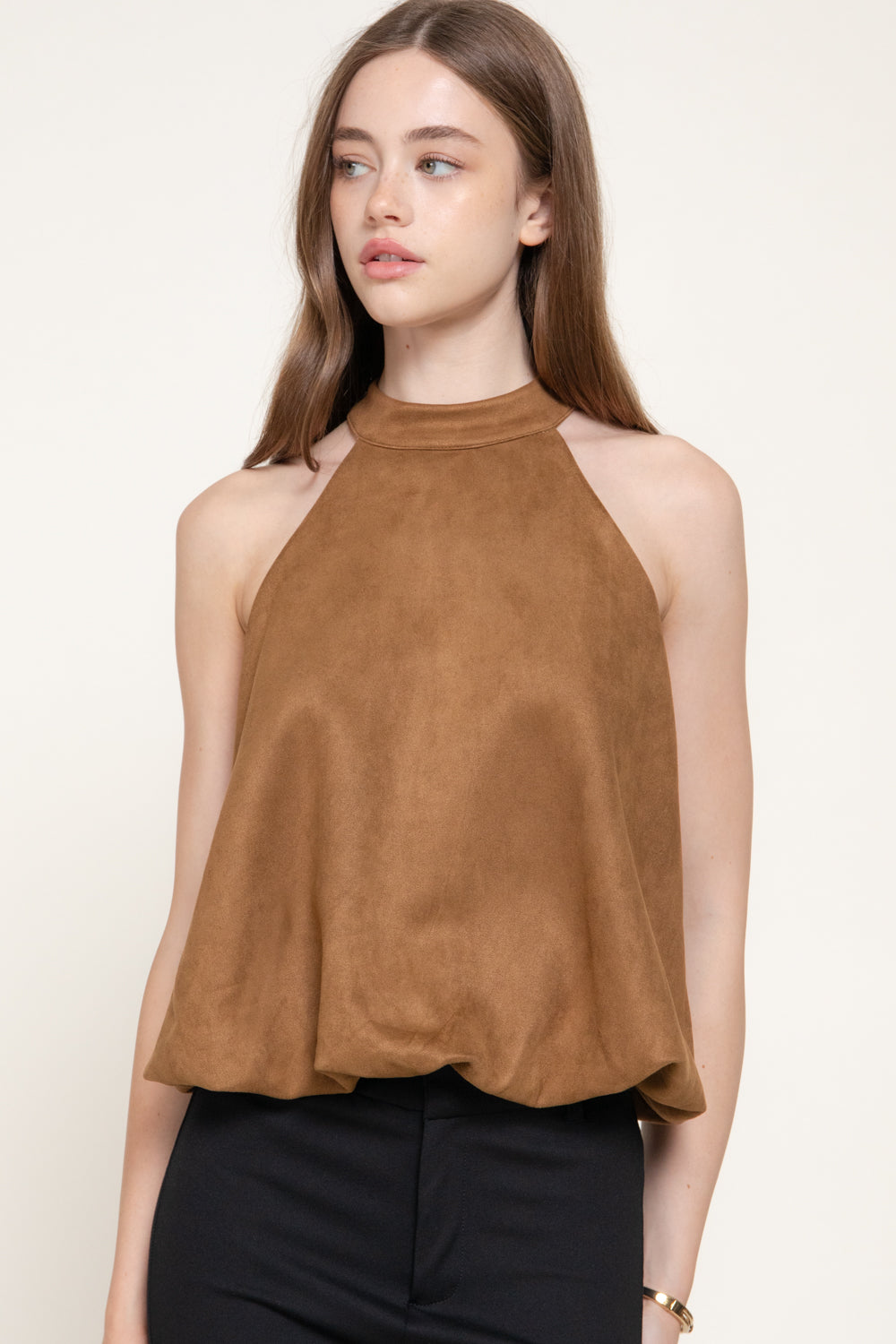 Faux Suede Halter Top – Black, Caramel & Dark Red – Caramel – View 2