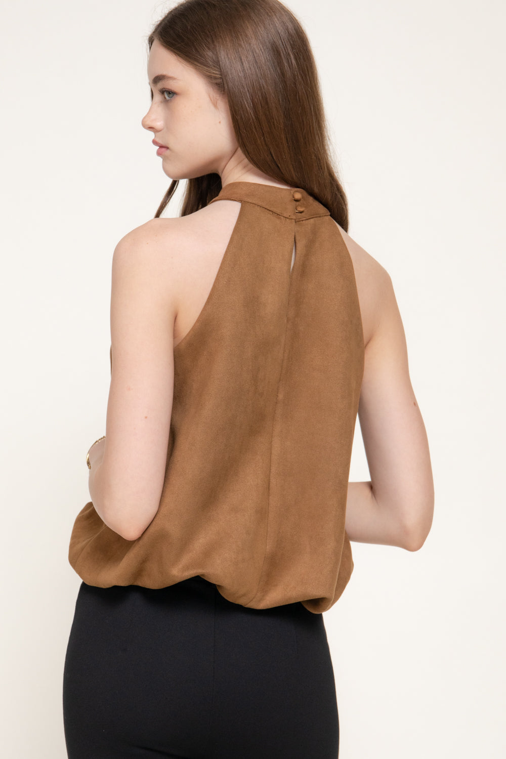 Faux Suede Halter Top – Black, Caramel & Dark Red – Caramel – View 3