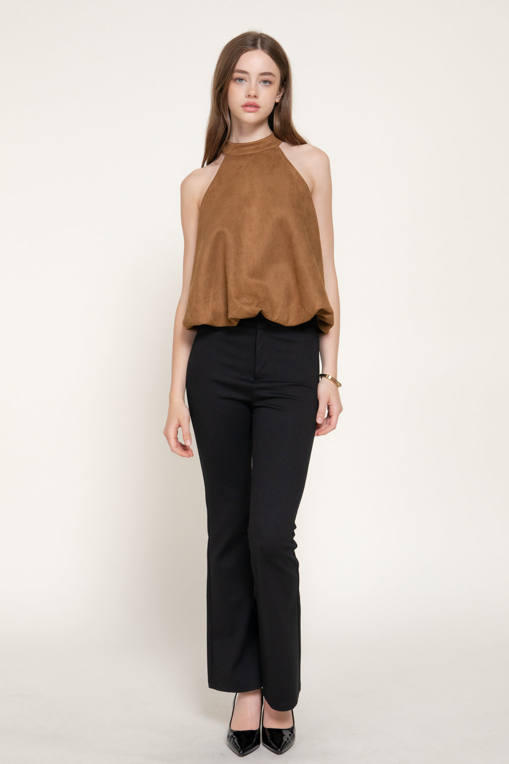 Faux Suede Halter Top – Black, Caramel & Dark Red – Caramel – View 4