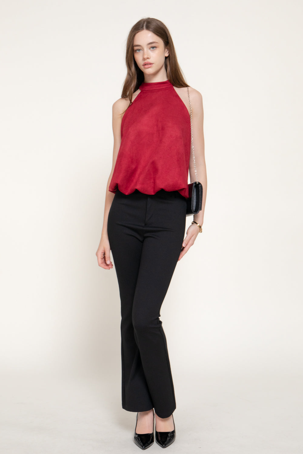 Faux Suede Halter Top – Black, Caramel & Dark Red – Dark Red – View 2