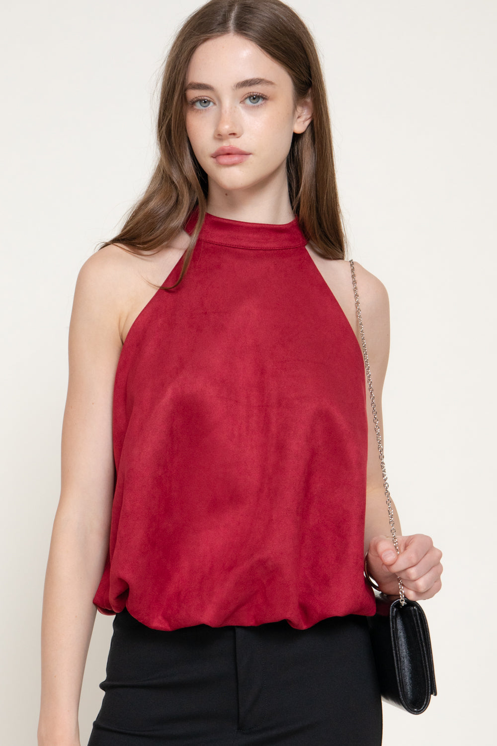 Faux Suede Halter Top – Black, Caramel & Dark Red – Dark Red – View 4