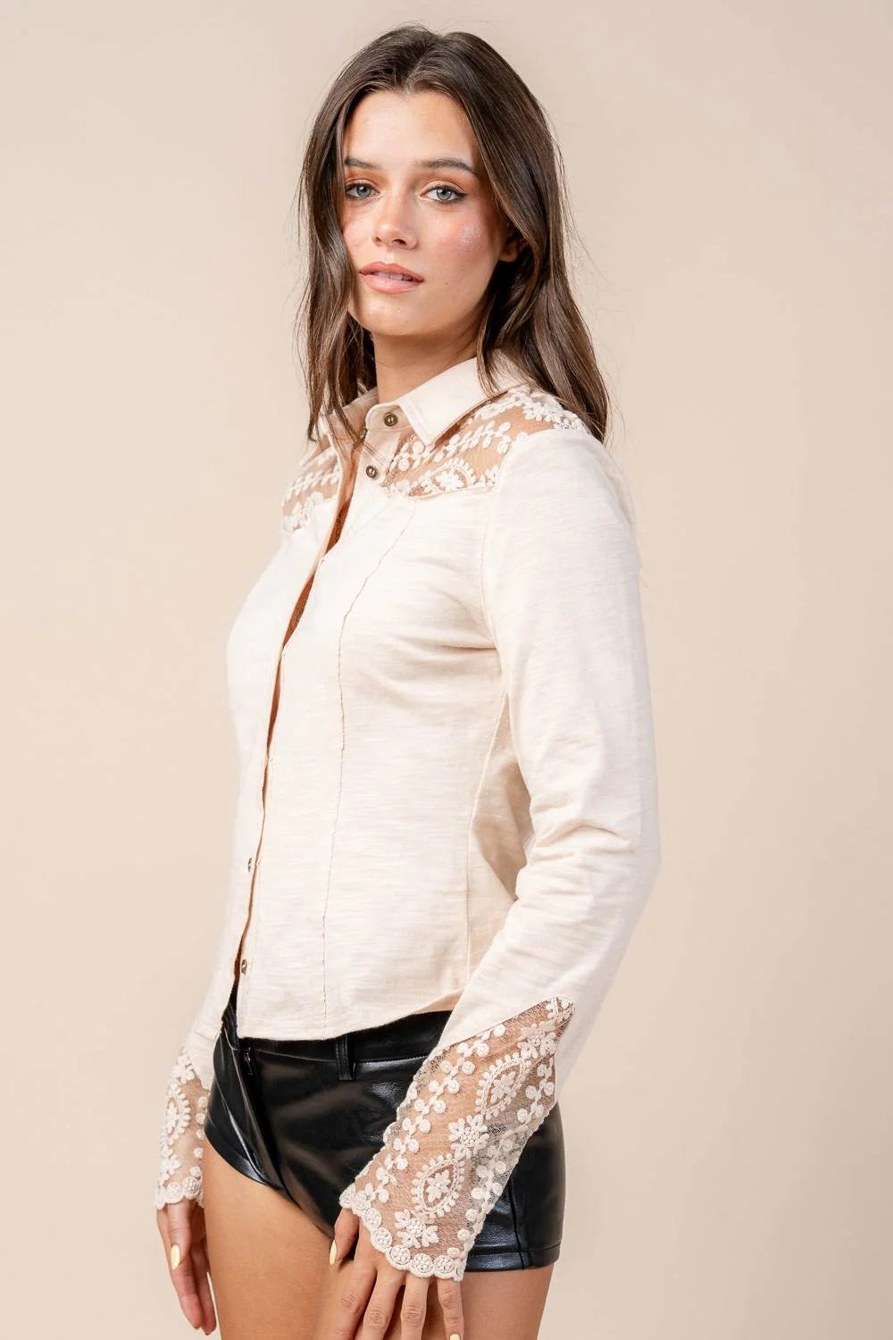 Lace Panel Button Down Knit Top