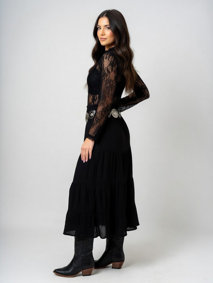 Black Tiered Maxi Skirt with Western Concho Belt