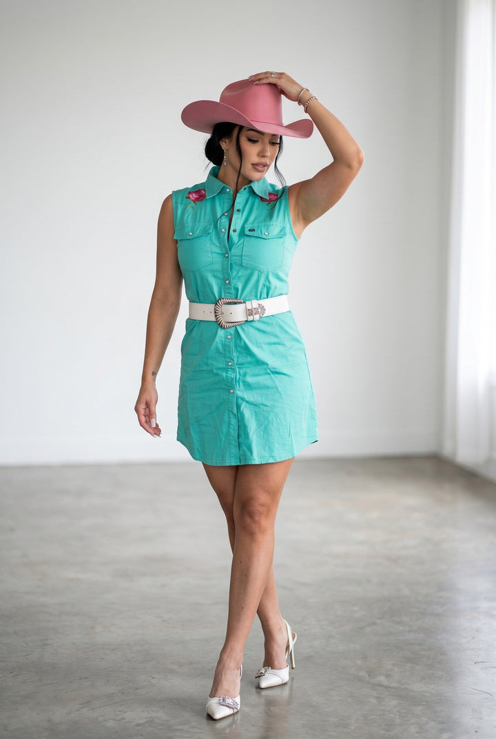 Turquoise Embroidered Western Snap Shirt Dress