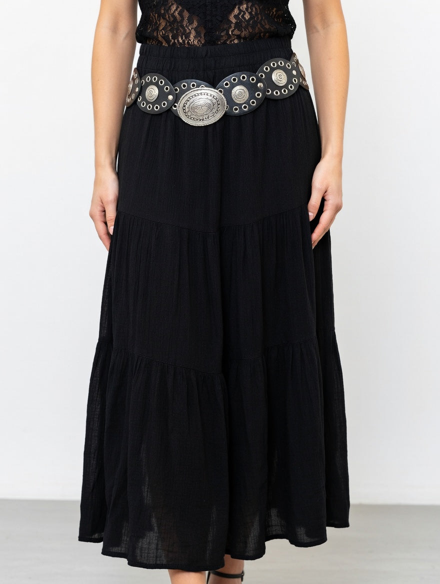Black Tiered Maxi Skirt with Western Concho Belt
