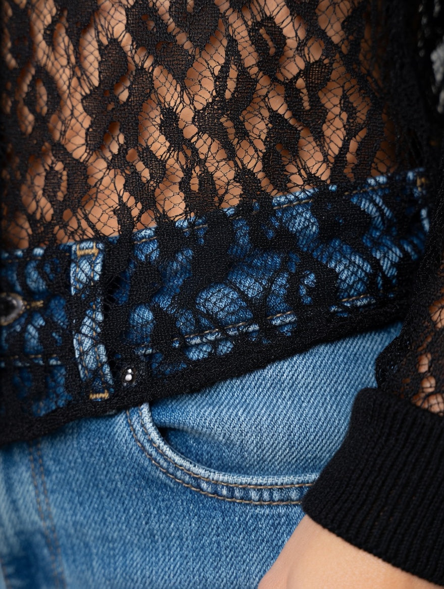 Sheer Lace Button-Up Long Sleeve Top