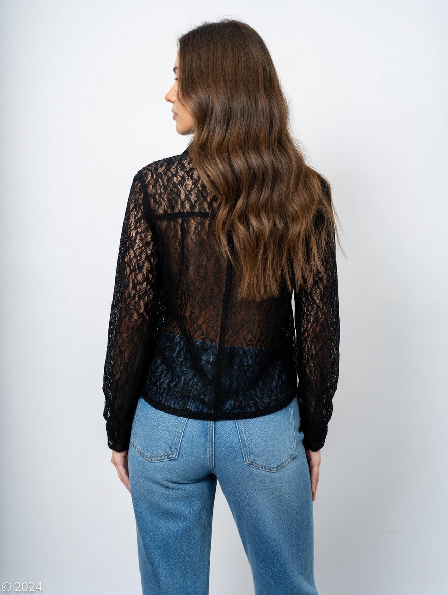 Sheer Lace Button-Up Long Sleeve Top